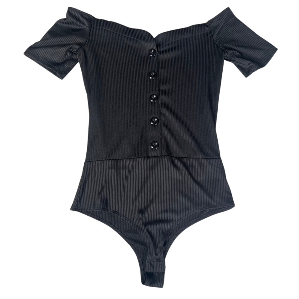 SJL Apparel Black Off Shoulder Ribbed Button‎ Front Thong Bodysuit Medium
